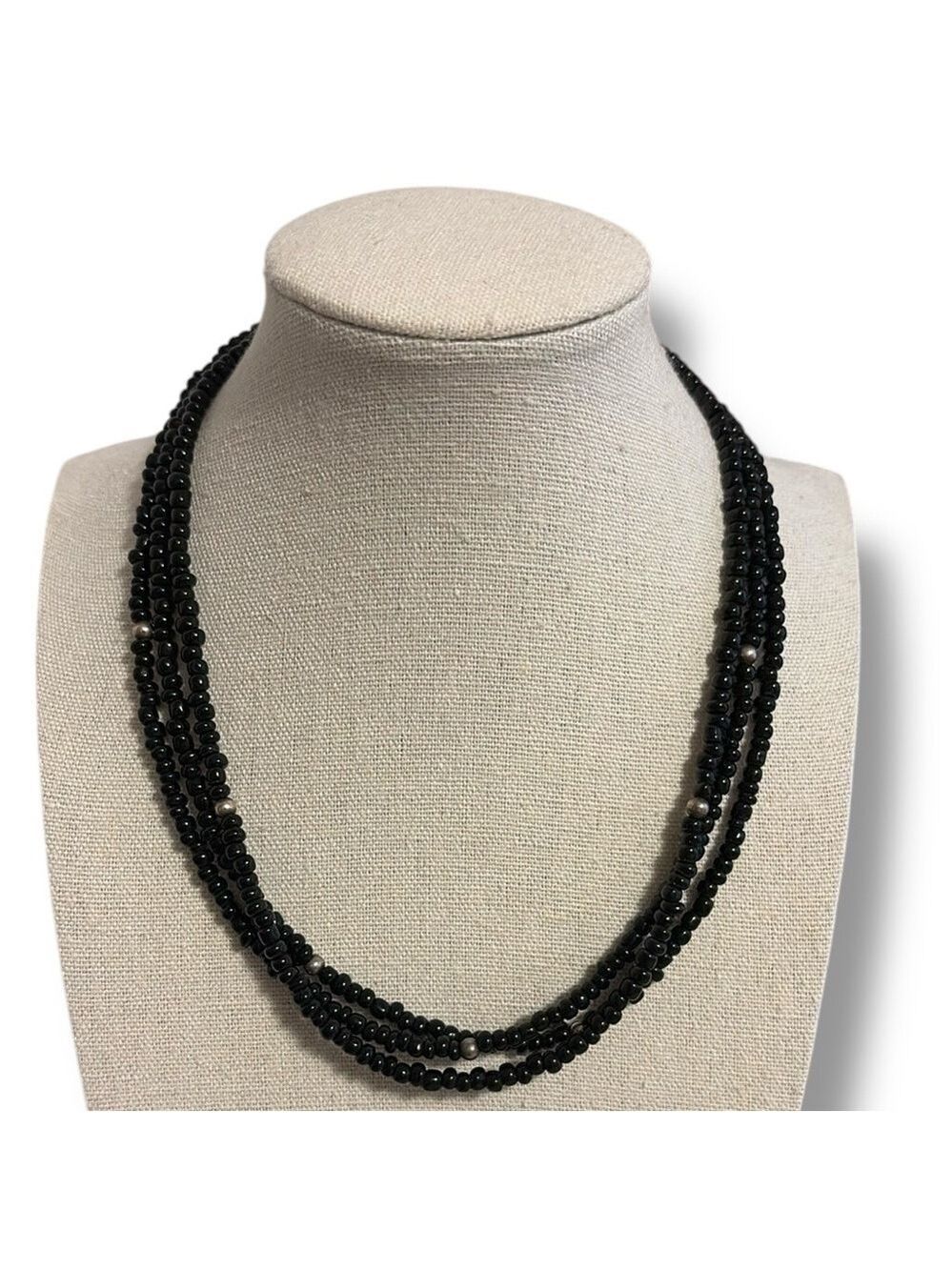 Silpada Bead Necklace Triple Strand .925 Sterling Silver Black Onyx